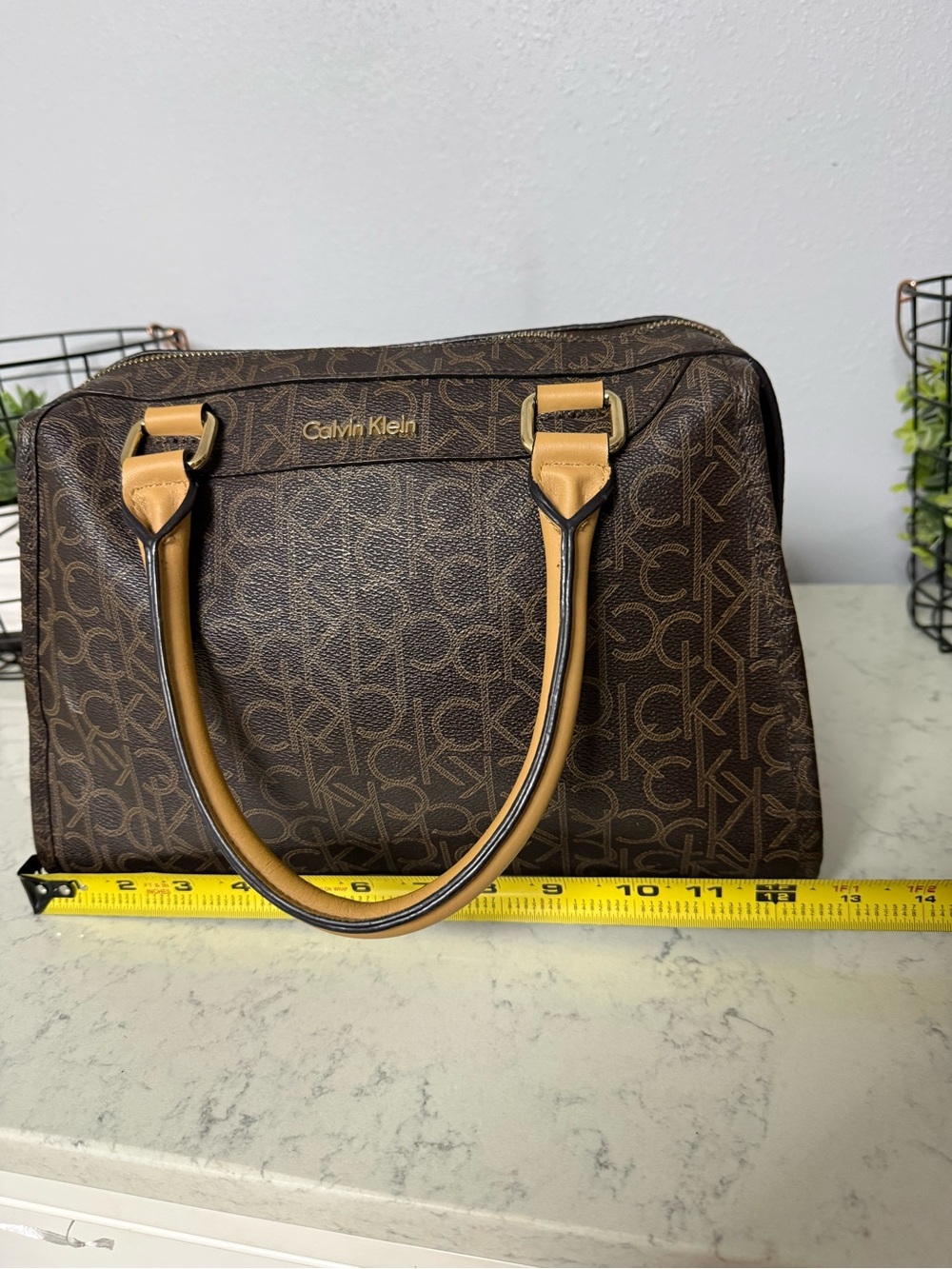 Calvin Klein Brown Monogram Satchel with Tan Handles - Picture 2 of 6